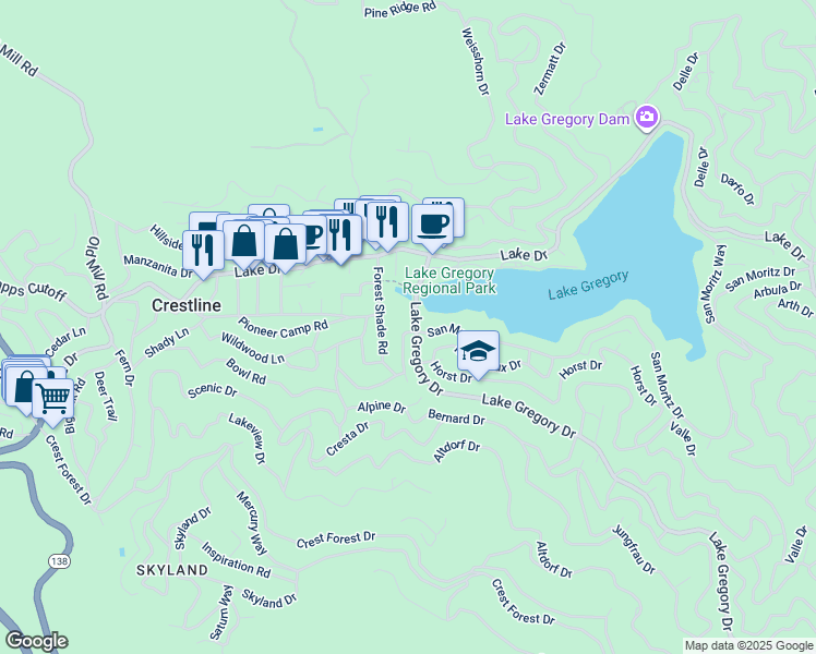 map of restaurants, bars, coffee shops, grocery stores, and more near 670 Tyrol Drive in Crestline