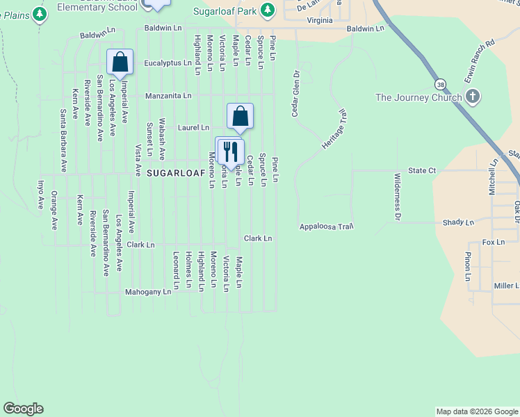 map of restaurants, bars, coffee shops, grocery stores, and more near 604 Spruce Lane in Big Bear