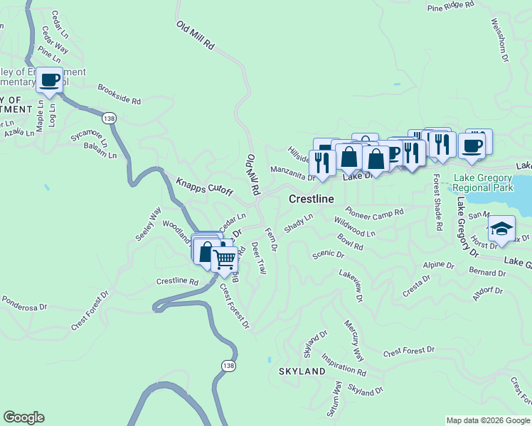 map of restaurants, bars, coffee shops, grocery stores, and more near 23581 Lake Drive in Crestline