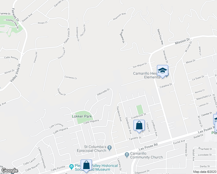 map of restaurants, bars, coffee shops, grocery stores, and more near 2081 Alborada Drive in Camarillo