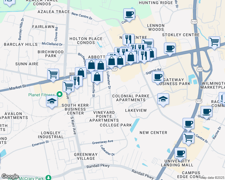 map of restaurants, bars, coffee shops, grocery stores, and more near 101 Lullwater Drive in Wilmington