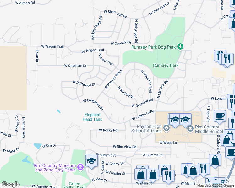 map of restaurants, bars, coffee shops, grocery stores, and more near 821 Tullamore Road in Payson