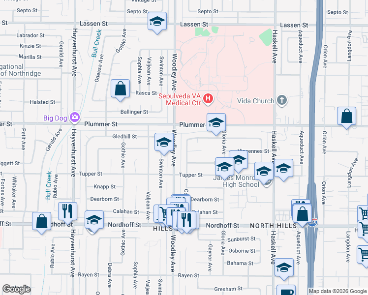 map of restaurants, bars, coffee shops, grocery stores, and more near 9407 Collett Avenue in Los Angeles
