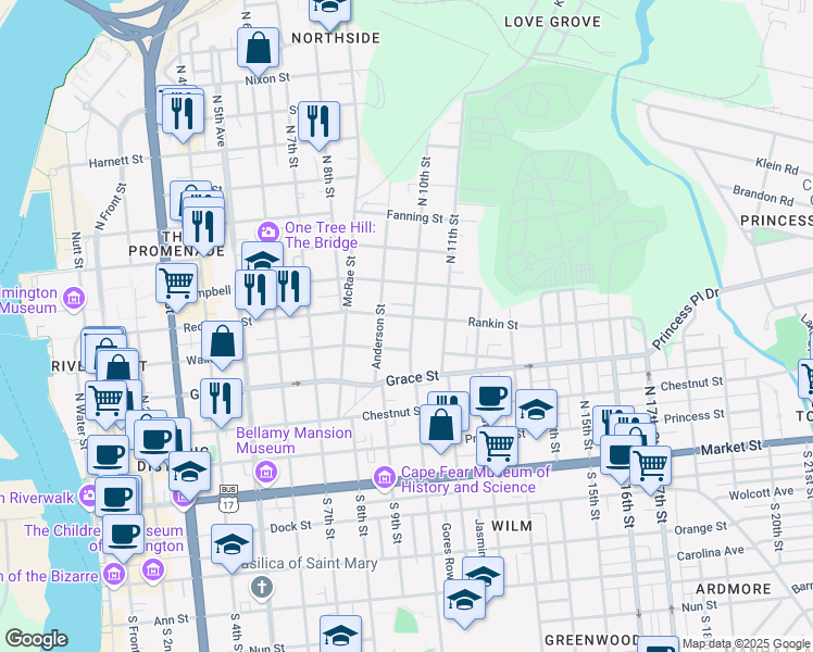 map of restaurants, bars, coffee shops, grocery stores, and more near 415 North 10th Street in Wilmington