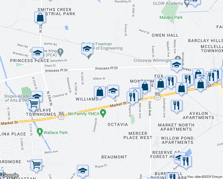 map of restaurants, bars, coffee shops, grocery stores, and more near 2808 Chestnut Street in Wilmington