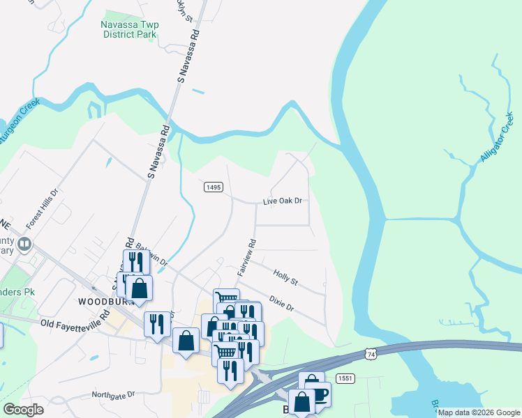 map of restaurants, bars, coffee shops, grocery stores, and more near Live Oak Drive Northeast in Leland