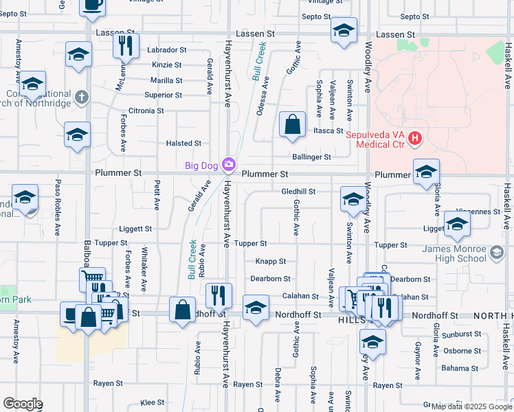 map of restaurants, bars, coffee shops, grocery stores, and more near 9365 Odessa Avenue in Los Angeles