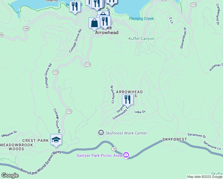 map of restaurants, bars, coffee shops, grocery stores, and more near West Victoria Court in Lake Arrowhead