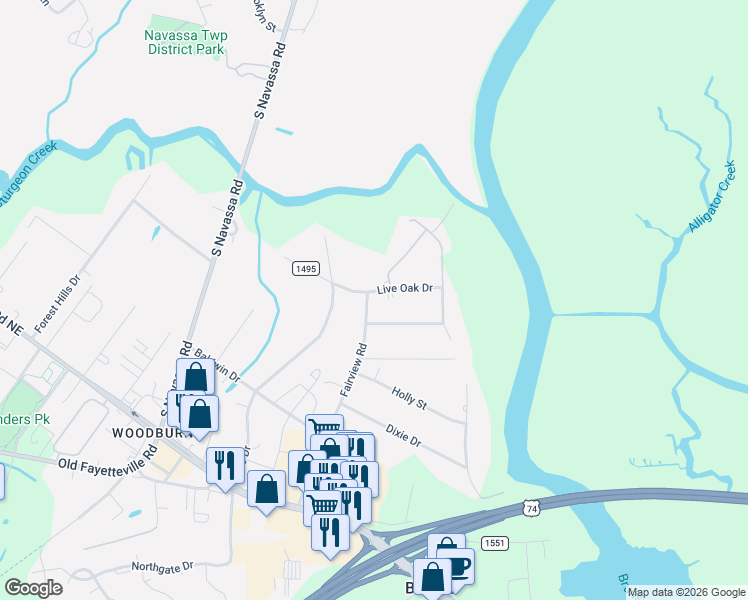 map of restaurants, bars, coffee shops, grocery stores, and more near Live Oak Drive Northeast in Leland