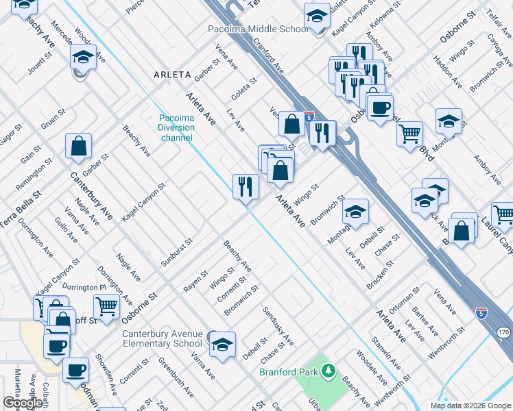 map of restaurants, bars, coffee shops, grocery stores, and more near 13501 Osborne St in Los Angeles