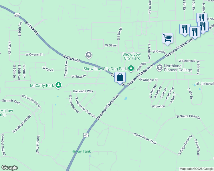 map of restaurants, bars, coffee shops, grocery stores, and more near 2181 Hacienda Way in Show Low
