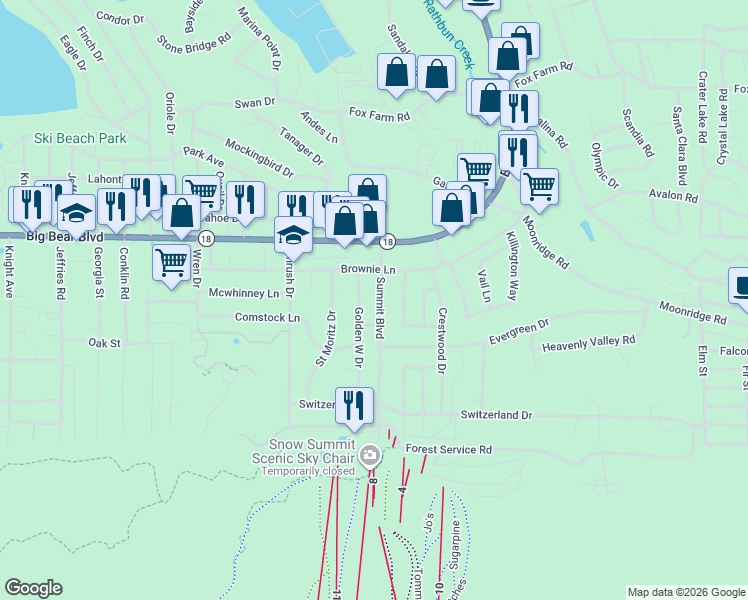 map of restaurants, bars, coffee shops, grocery stores, and more near 565 Golden West Drive in Big Bear Lake