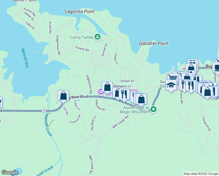 map of restaurants, bars, coffee shops, grocery stores, and more near 587 Highland Lane in Big Bear Lake