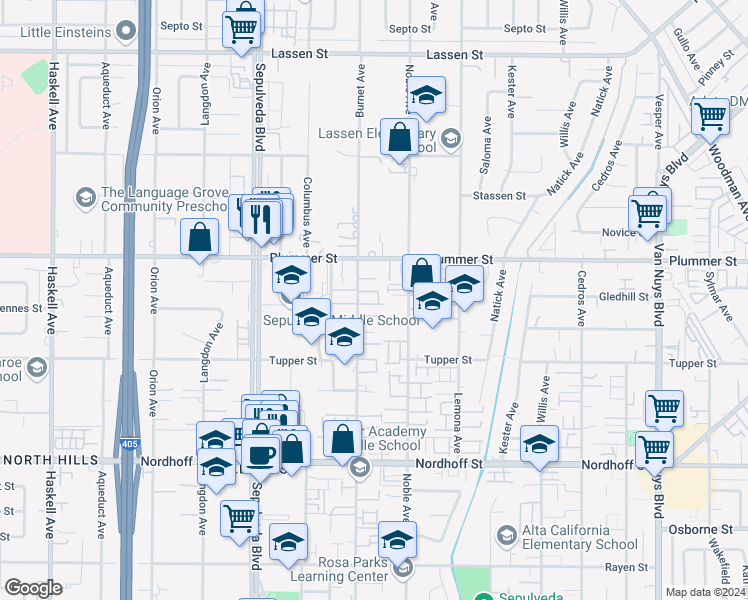 map of restaurants, bars, coffee shops, grocery stores, and more near 9438 Burnet Avenue in Los Angeles