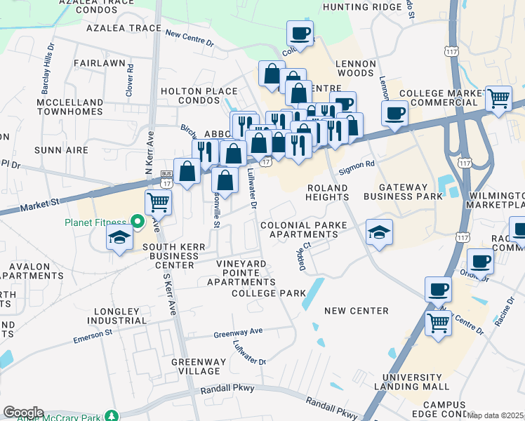 map of restaurants, bars, coffee shops, grocery stores, and more near 5018 Market Street in Wilmington