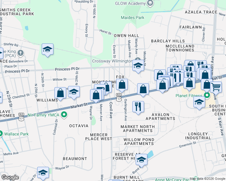 map of restaurants, bars, coffee shops, grocery stores, and more near 117 Evans Street in Wilmington