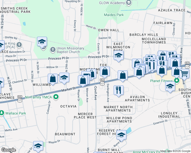 map of restaurants, bars, coffee shops, grocery stores, and more near 117 Evans Street in Wilmington