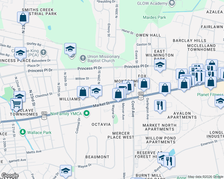 map of restaurants, bars, coffee shops, grocery stores, and more near 204 North 30th Street in Wilmington