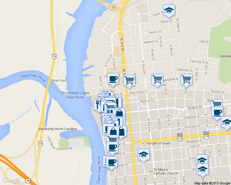 map of restaurants, bars, coffee shops, grocery stores, and more near 502 North Front Street in Wilmington