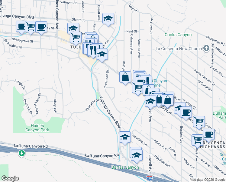 map of restaurants, bars, coffee shops, grocery stores, and more near 9545 Creemore Place in Los Angeles