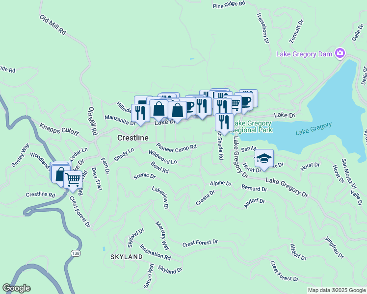 map of restaurants, bars, coffee shops, grocery stores, and more near 622 Owings Way in Crestline
