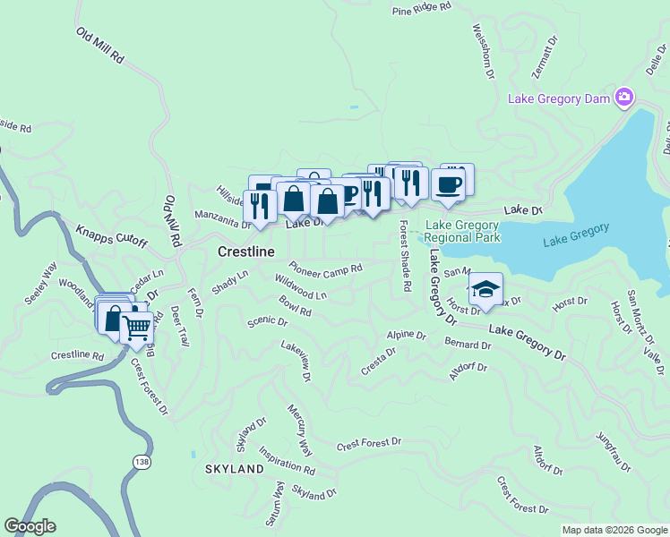 map of restaurants, bars, coffee shops, grocery stores, and more near 23924 Pioneer Camp Road in Crestline