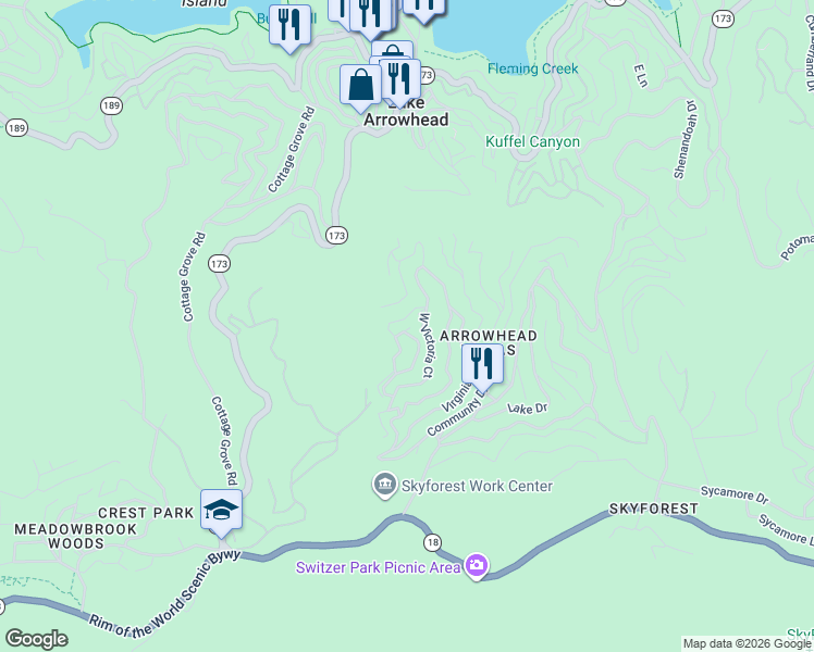 map of restaurants, bars, coffee shops, grocery stores, and more near in Lake Arrowhead