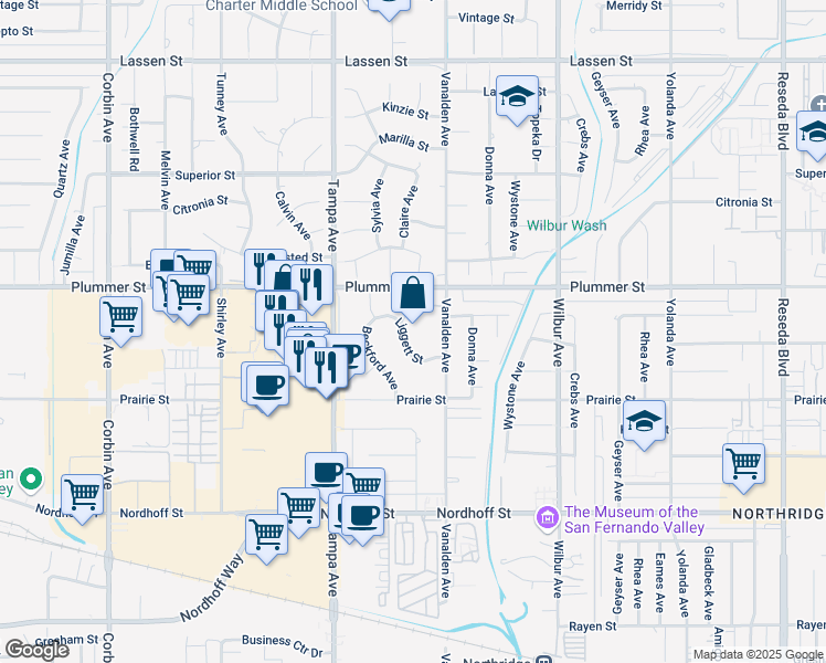 map of restaurants, bars, coffee shops, grocery stores, and more near 19165 Liggett Street in Los Angeles