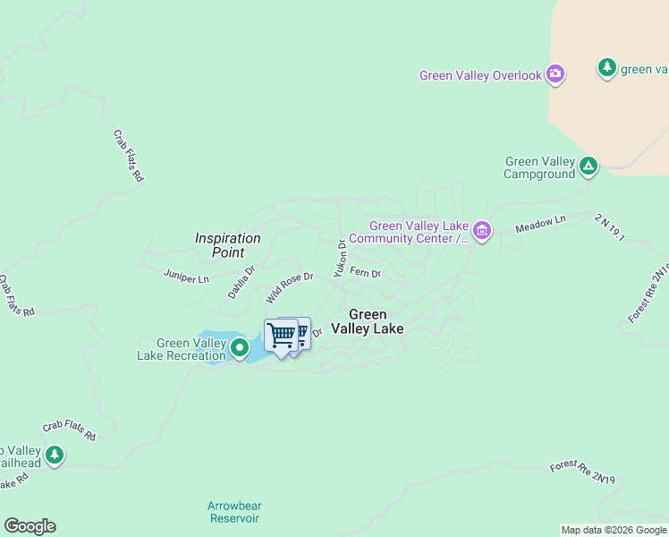 map of restaurants, bars, coffee shops, grocery stores, and more near 664 Yukon Drive in Green Valley Lake