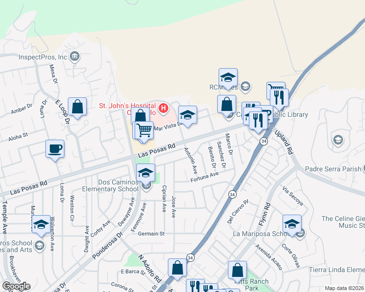 map of restaurants, bars, coffee shops, grocery stores, and more near 3991 Senan Street in Camarillo