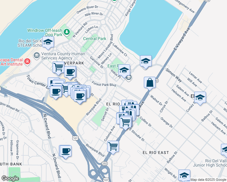 map of restaurants, bars, coffee shops, grocery stores, and more near 337 Feather River Place in Oxnard