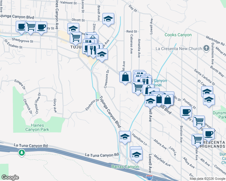 map of restaurants, bars, coffee shops, grocery stores, and more near 9545 Creemore Place in Los Angeles