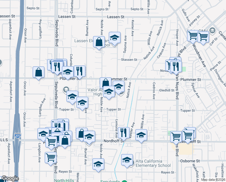 map of restaurants, bars, coffee shops, grocery stores, and more near 9427 Lemona Avenue in Los Angeles