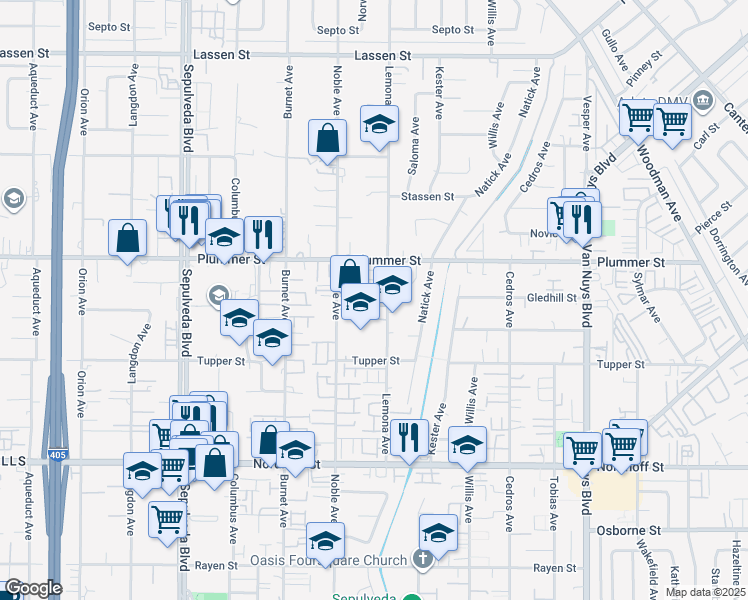map of restaurants, bars, coffee shops, grocery stores, and more near 15017 Core Way in Los Angeles