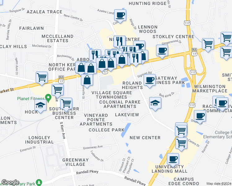 map of restaurants, bars, coffee shops, grocery stores, and more near 5107 Lamppost Circle in Wilmington