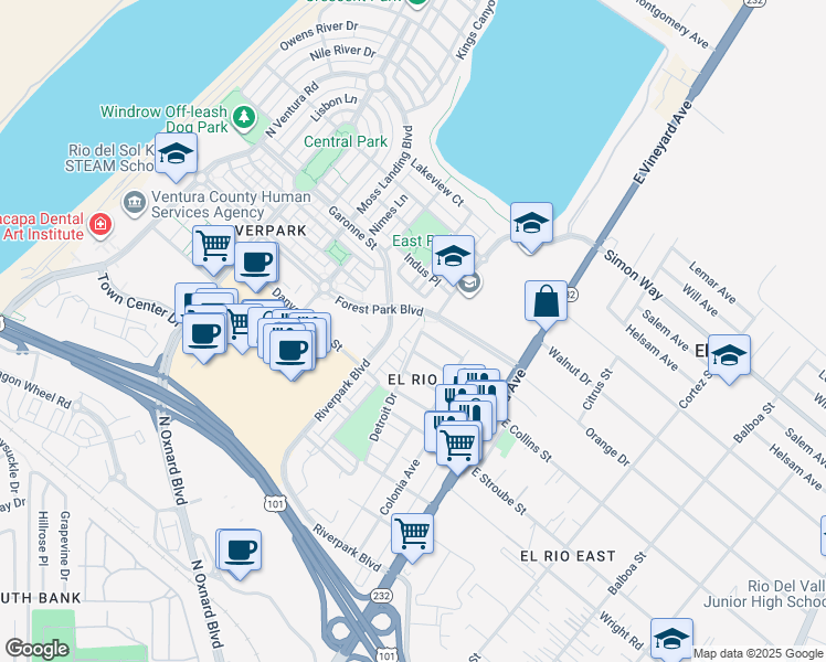 map of restaurants, bars, coffee shops, grocery stores, and more near 337 Feather River Place in Oxnard