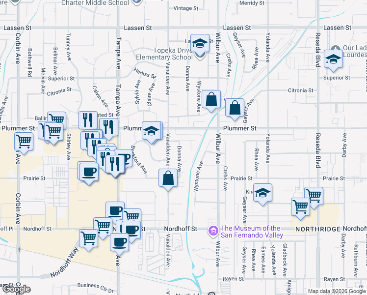 map of restaurants, bars, coffee shops, grocery stores, and more near 9420 Donna Avenue in Los Angeles