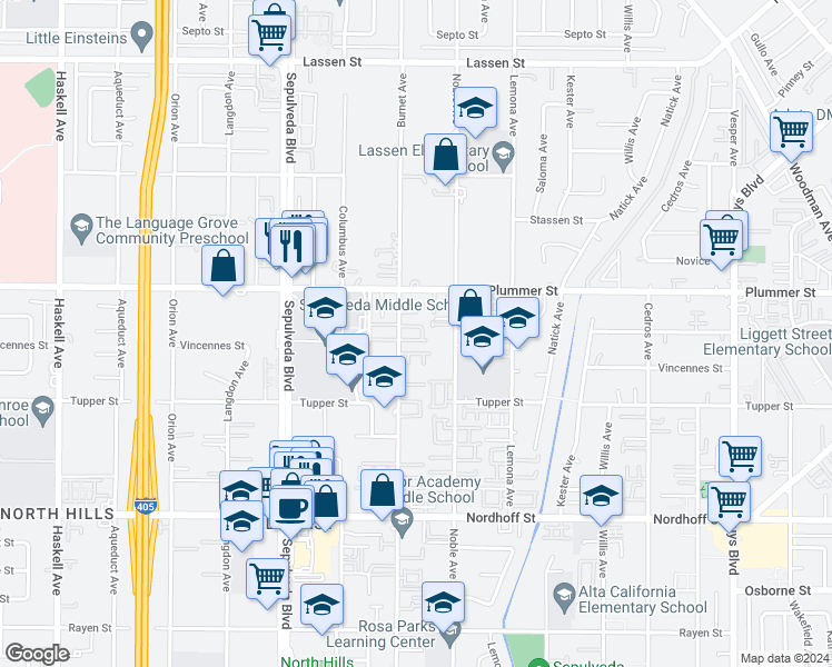 map of restaurants, bars, coffee shops, grocery stores, and more near in Los Angeles