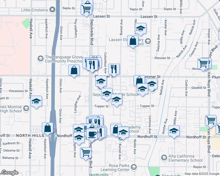 map of restaurants, bars, coffee shops, grocery stores, and more near 9400 Burnet Avenue in Los Angeles