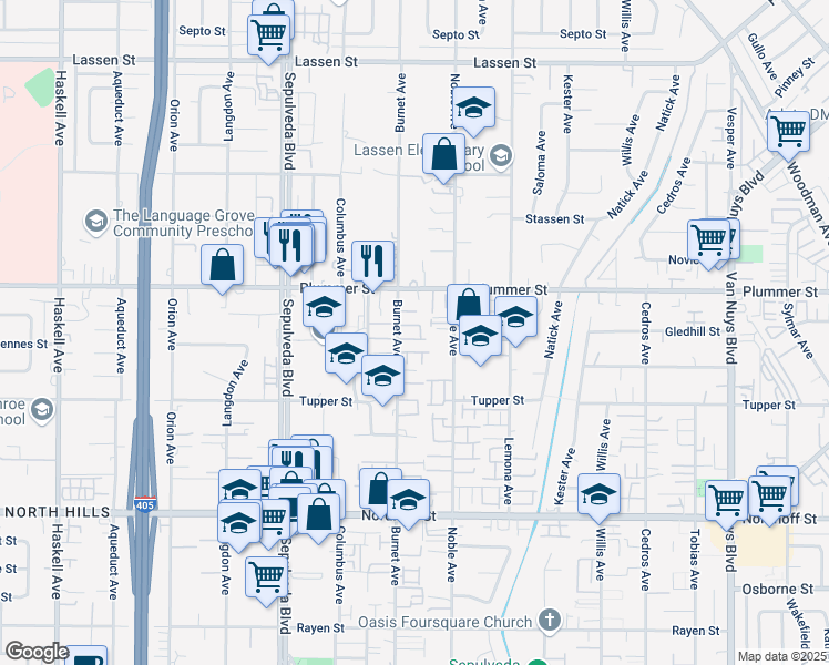 map of restaurants, bars, coffee shops, grocery stores, and more near 9400 Burnet Avenue in Los Angeles