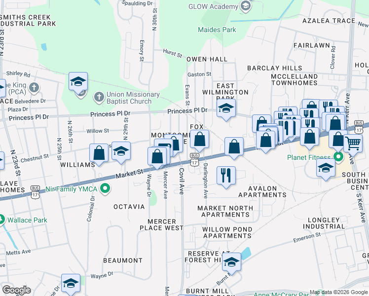 map of restaurants, bars, coffee shops, grocery stores, and more near 117 Evans Street in Wilmington