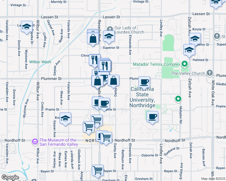 map of restaurants, bars, coffee shops, grocery stores, and more near 18411 Vincennes Street in Los Angeles