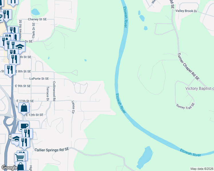 map of restaurants, bars, coffee shops, grocery stores, and more near 10 Overhill Road Southeast in Rome