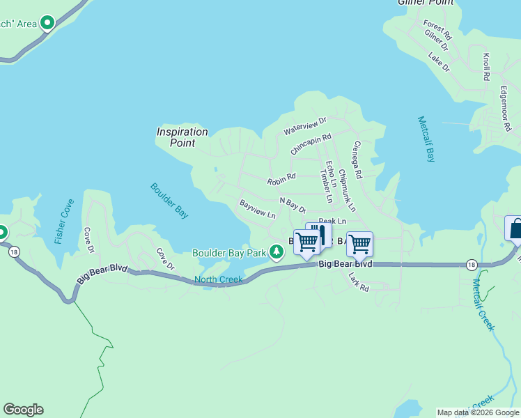 map of restaurants, bars, coffee shops, grocery stores, and more near 39054 Bayview Lane in Big Bear Lake