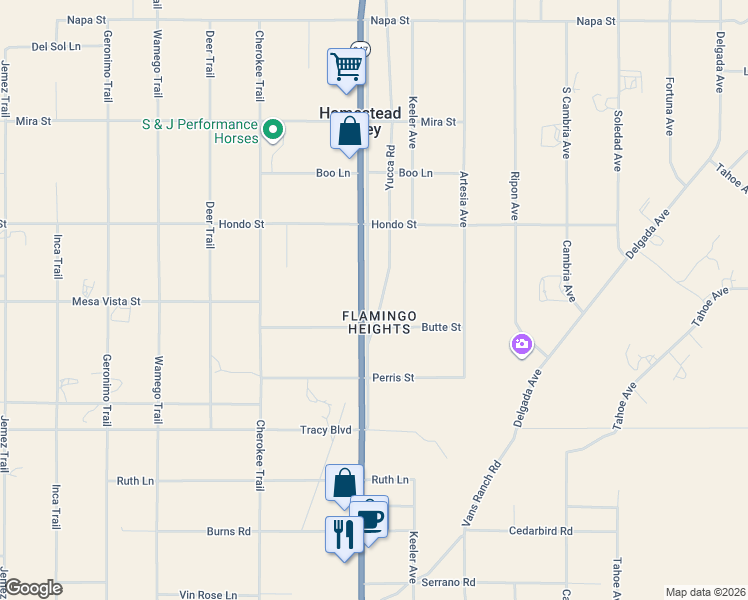 map of restaurants, bars, coffee shops, grocery stores, and more near 612 Old Woman Springs Outerhighway East in Yucca Valley