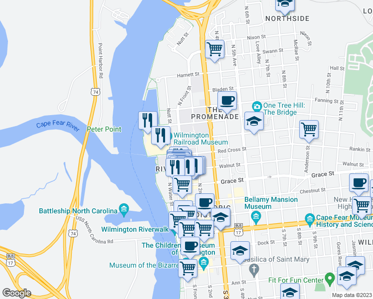 map of restaurants, bars, coffee shops, grocery stores, and more near 502 North Front Street in Wilmington