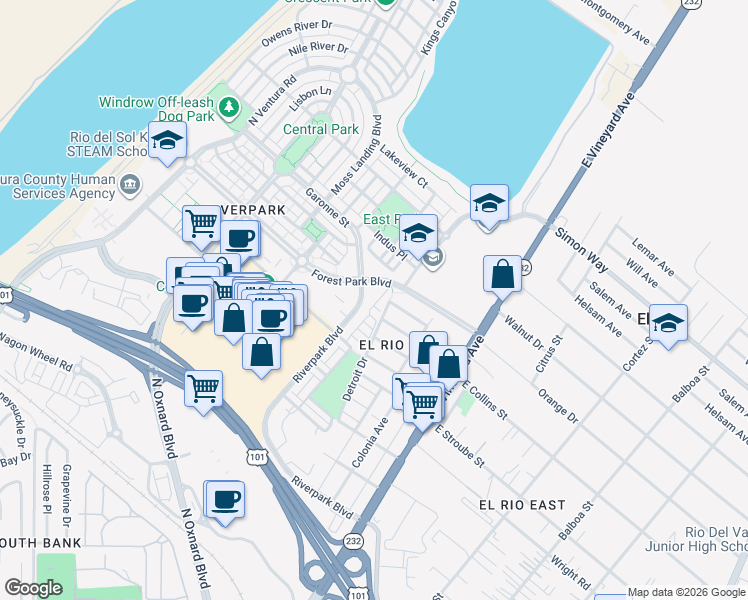 map of restaurants, bars, coffee shops, grocery stores, and more near in Oxnard