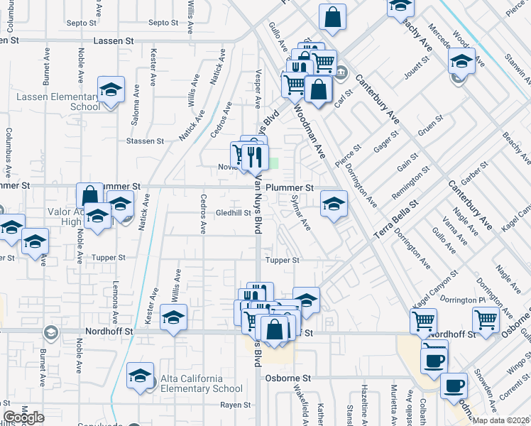 map of restaurants, bars, coffee shops, grocery stores, and more near 14602 Plummer Street in Los Angeles