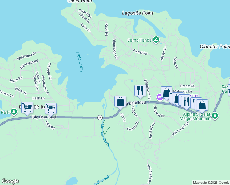 map of restaurants, bars, coffee shops, grocery stores, and more near 655 Lintner Road in Big Bear Lake
