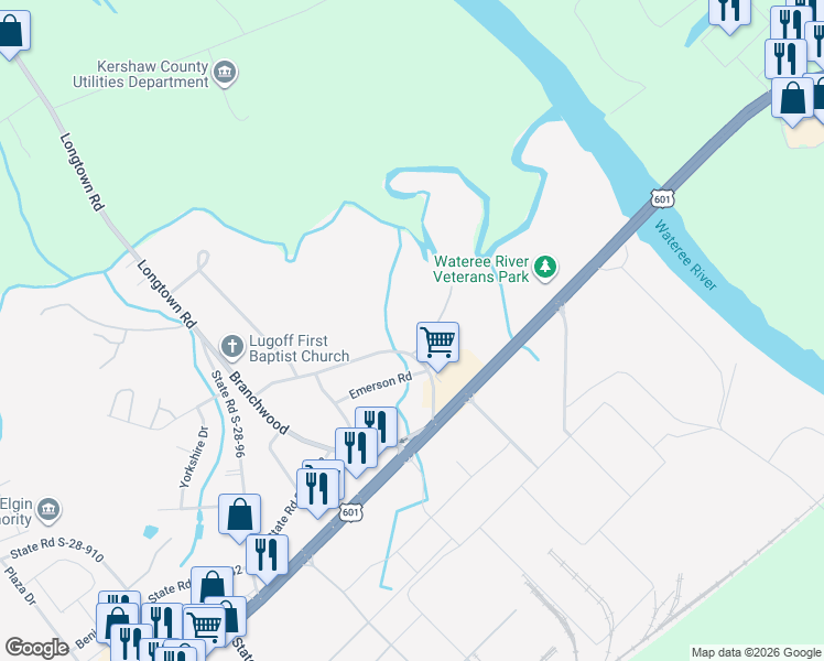 map of restaurants, bars, coffee shops, grocery stores, and more near 36 State Road S-28-134 in Lugoff